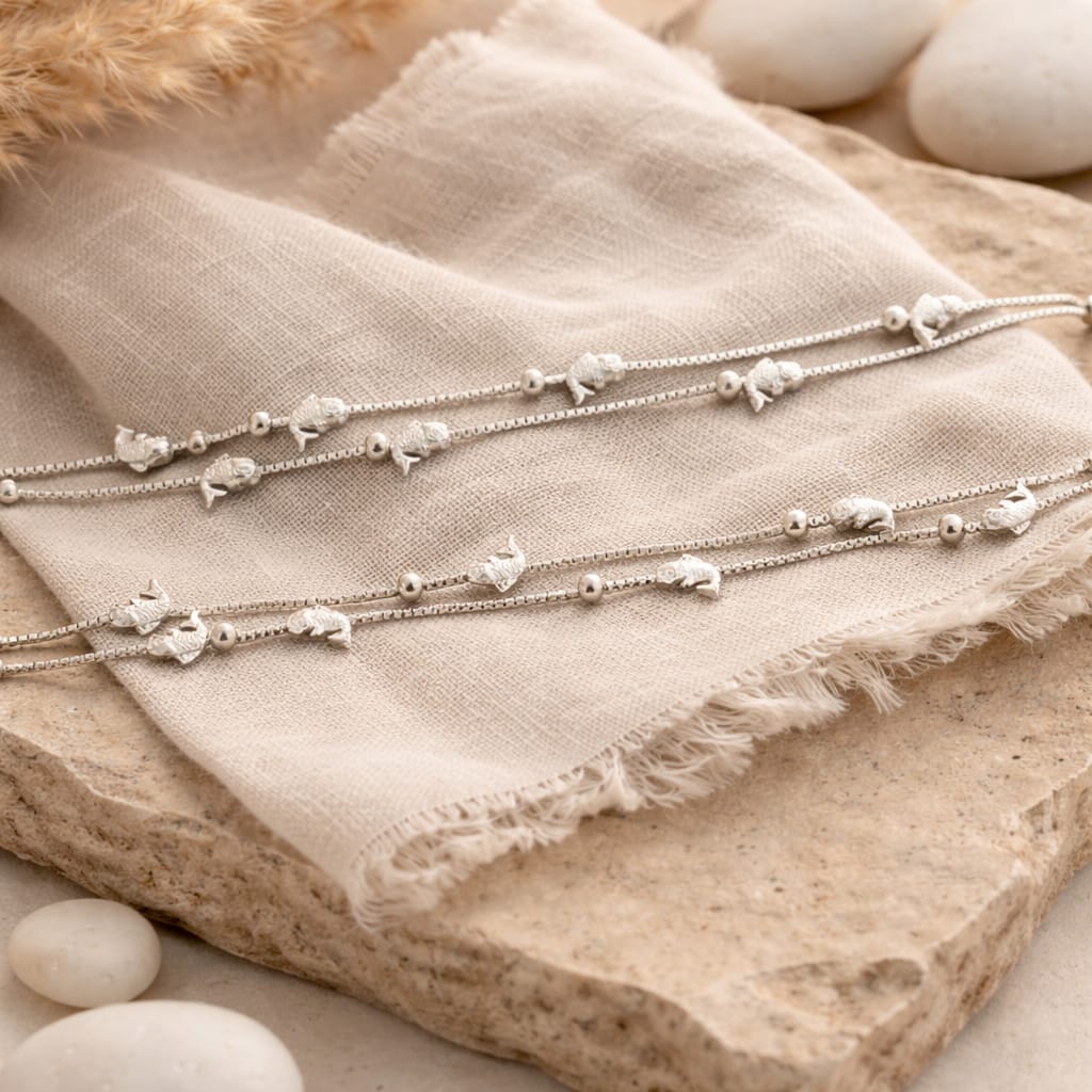 Fish Charm Beaded 925 Silver Anklet (Pair)