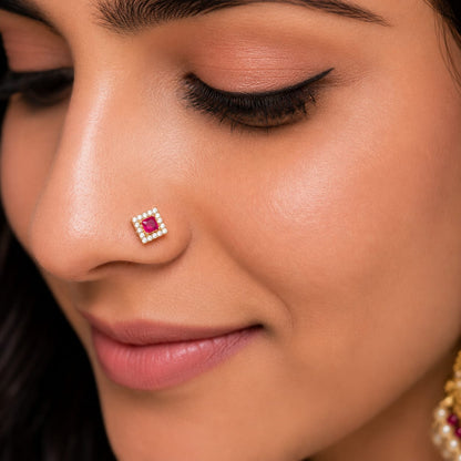 Pink Square CZ Halo Nose Pin in 925 Sterling Silver | Gold Tone