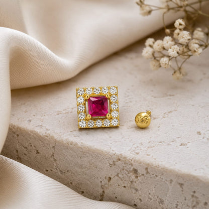 Pink Square CZ Halo Nose Pin in 925 Sterling Silver | Gold Tone