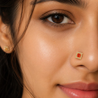 Orange Square CZ Halo Nose Pin in 925 Sterling Silver | Gold Tone
