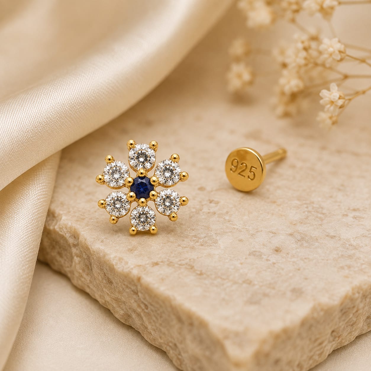 Classic Halo CZ Nose Pin in 925 Sterling Silver – Gold Tone